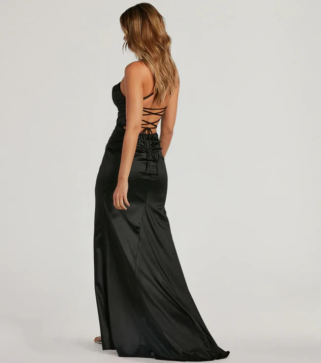 LD square neckline sleeveless thin shoulder strap backless side slit and floor length Prom dress