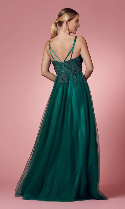 A-shaped fitted V-neck embroidered bead decal and floor length Prom dress