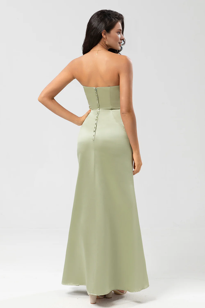 Dusty Sage Tail Strapless and Satin Bridesmaid Dress