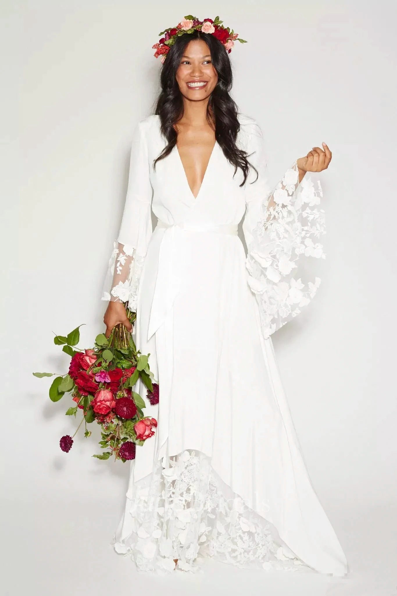 Simple Bohemian Long Sleeves Deep V Neck Hippie Beach Country Chiffon – LD Dress