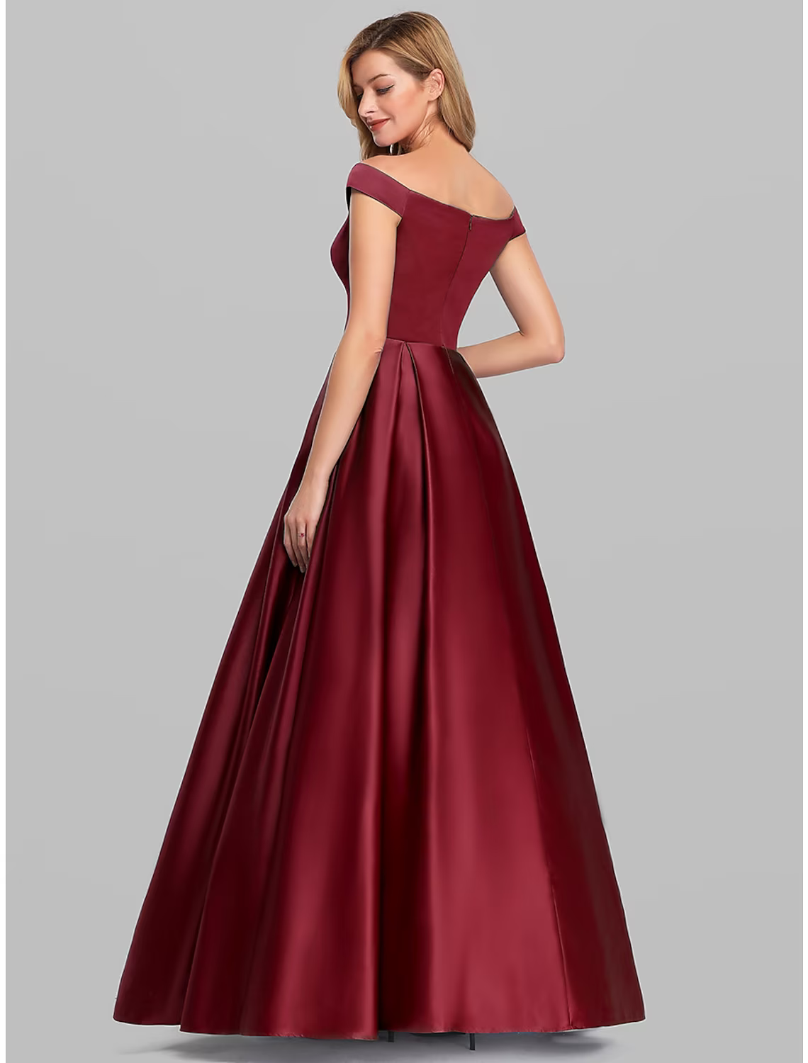 Elegant Prom Birthday Dress Off Shoulder Short Sleeve Floor Length Satin with Pleats