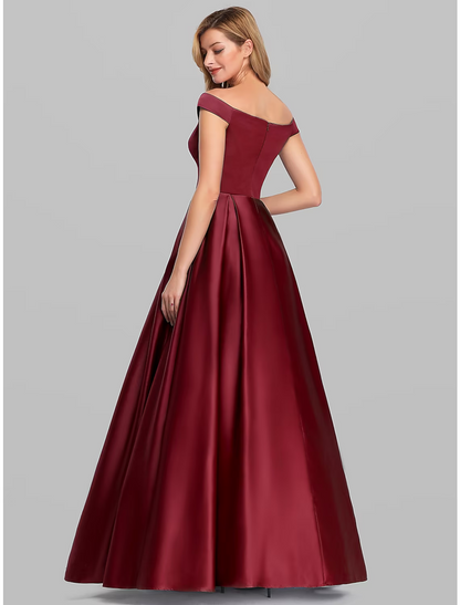 Elegant Prom Birthday Dress Off Shoulder Short Sleeve Floor Length Satin with Pleats