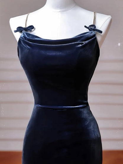 Navy Blue Velvet Cowl Neck Rhinestone Strap Lace-Up Back Mermaid Prom Dresses