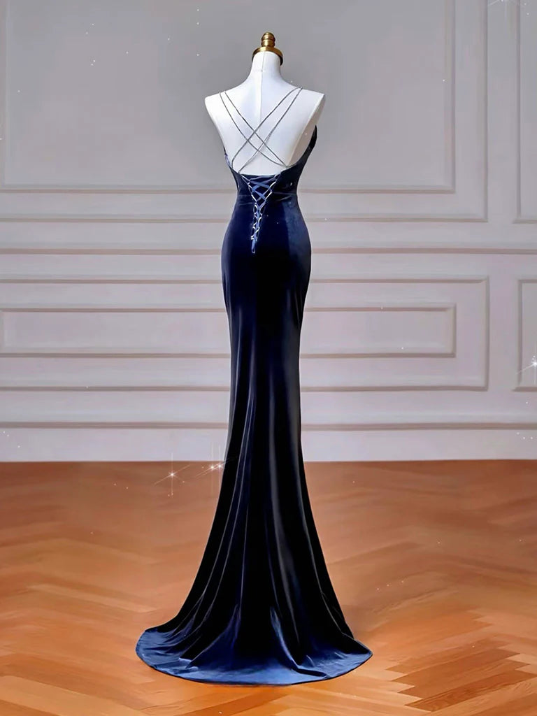 Navy Blue Velvet Cowl Neck Rhinestone Strap Lace-Up Back Mermaid Prom Dresses