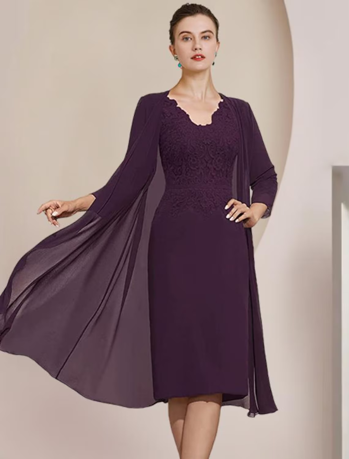 Two Piece Mother of the Bride Dress Formal Wedding Guest Elegant V Neck Knee Length Chiffon Lace Short Sleeve Jacket Dresses with Appliques