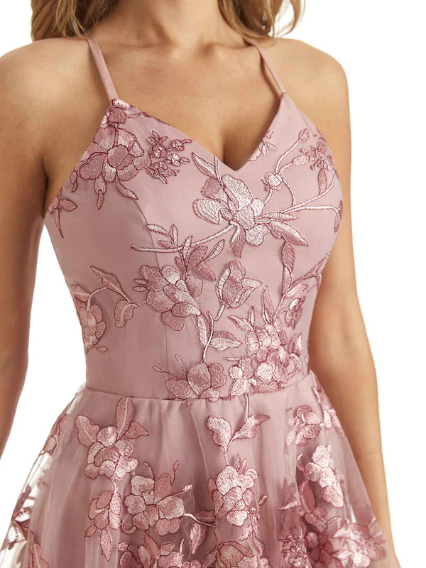 Dusty Pink Cute A-Line Spaghetti Straps V-Neck Mini Homecoming Prom Dresses