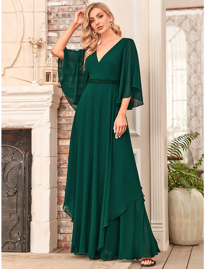 A-Line Mother of the Bride Dress Elegant V Neck Floor Length Chiffon Half Sleeve with Sash Ribbon