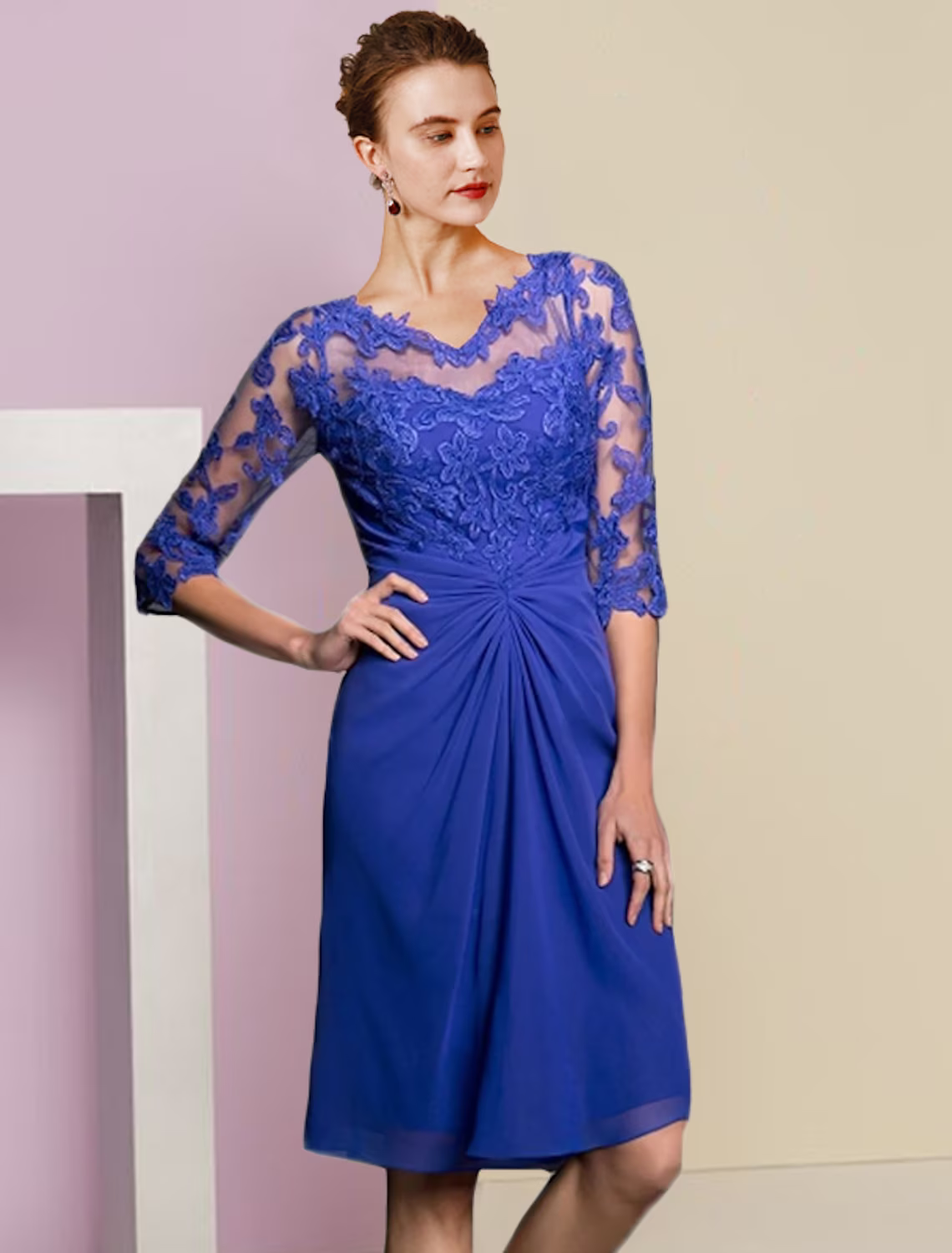 Two Piece Mother of the Bride Dress Formal Wedding Guest Vintage Elegant V Neck Knee Length Chiffon Lace Half Sleeve Jacket Dresses with Appliques
