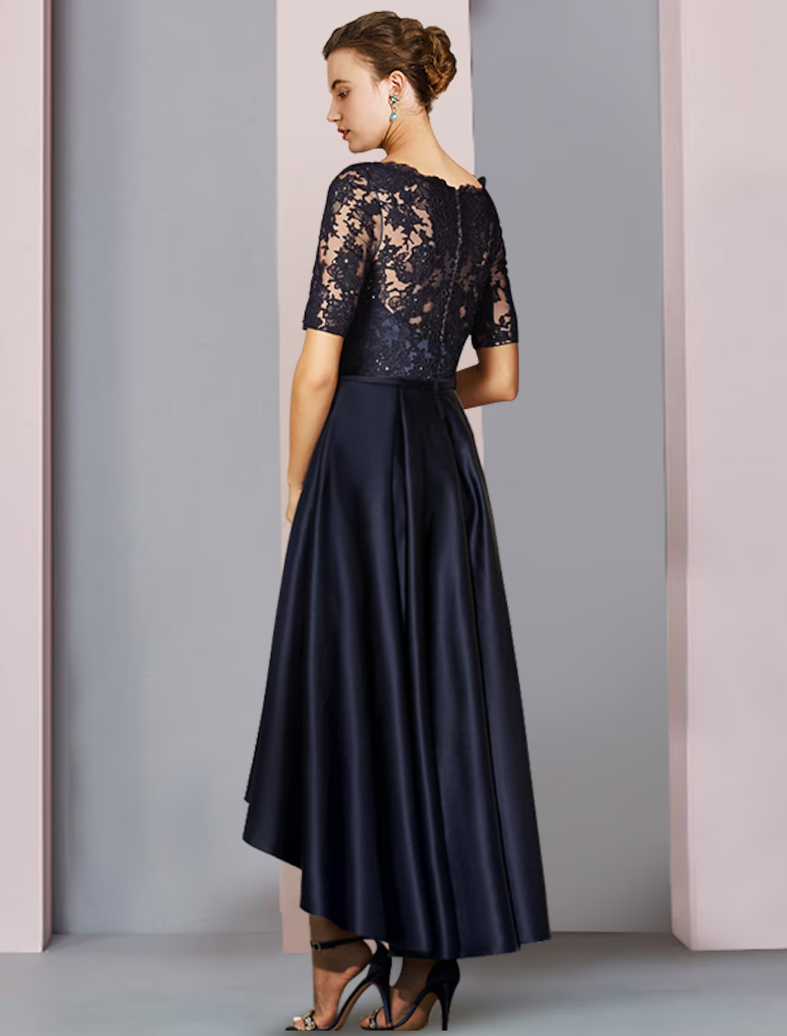 A-Line Mother of the Bride Dress Wedding Guest Elegant High Low Scoop Neck Asymmetrical Satin Lace Short Sleeve with Bow(s) Pleats Appliques