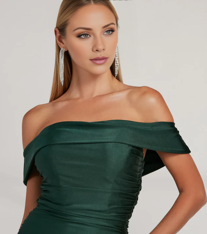 LD off shoulder collar sleeveless backless side slit and floor length Prom dress