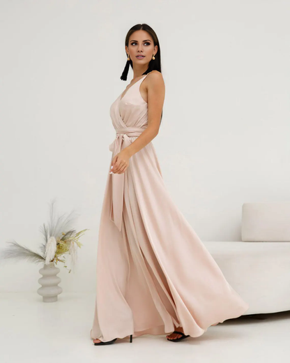 LD V-neck sleeveless off shoulder pleated detail backless side slit and floor length Prom dress