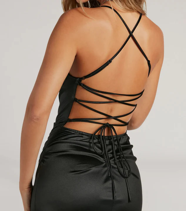 LD square neckline sleeveless thin shoulder strap backless side slit and floor length Prom dress