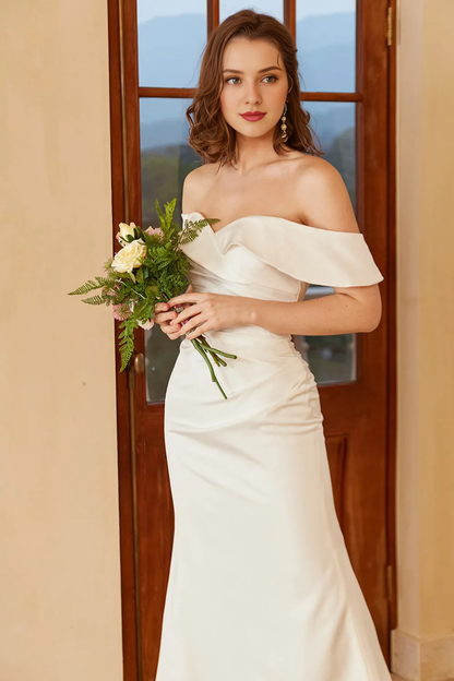 Simple off shoulder Bohemian style strapless and floor length wedding dress