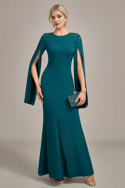 Sparkling dark green fish tail round neck long sleeved bridal mother dress