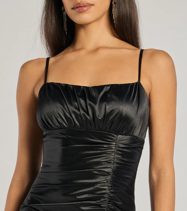 LD square neckline off shoulder sleeveless thin shoulder strap exposed back pleated side slit and floor length evening dress