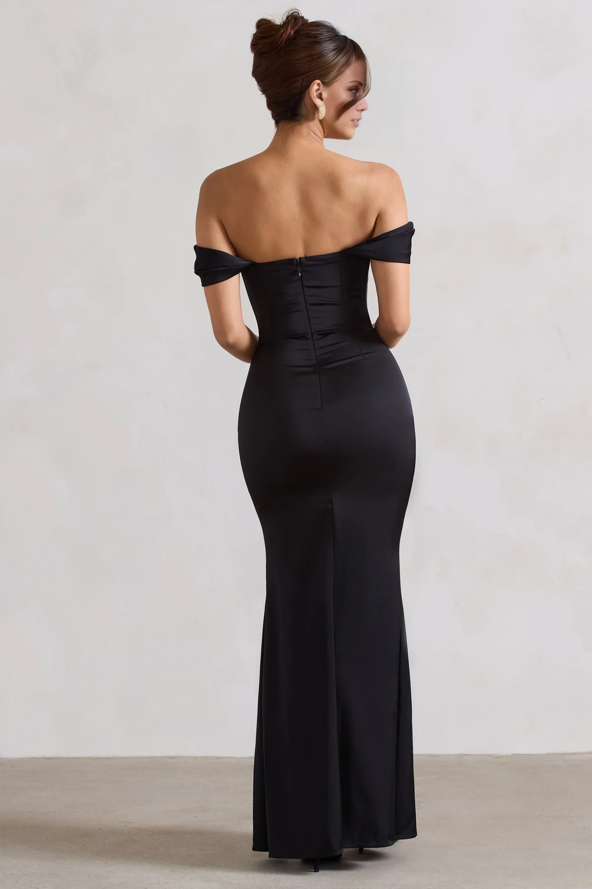 LD - Open shoulder collar tight corset with side slit and floor length Prom dress