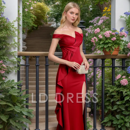 LD off shoulder collar backless side slit and floor length Prom dress