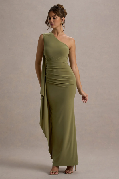 LD - Asymmetric collar single shoulder backless and floor length Prom dress