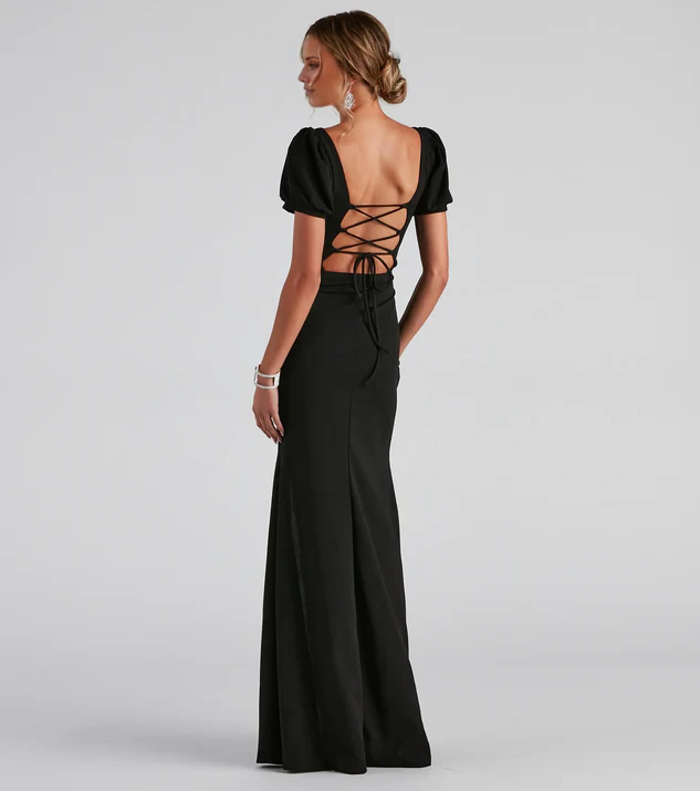 LD square neckline short sleeved backless side slit and floor length evening dress