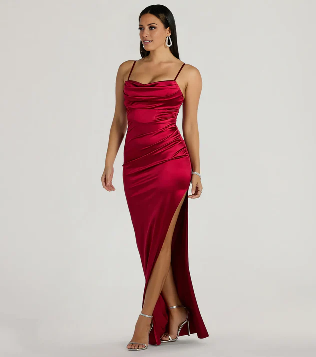 LD square neckline sleeveless thin shoulder strap backless side slit and floor length Prom dress