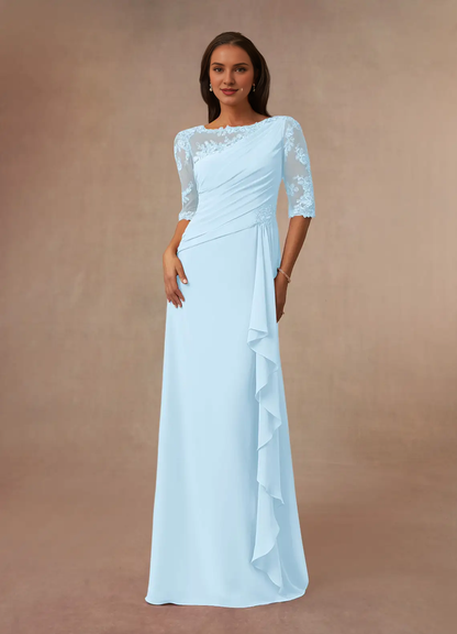 A-line boat collar lace chiffon and floor length mother of the bride dress