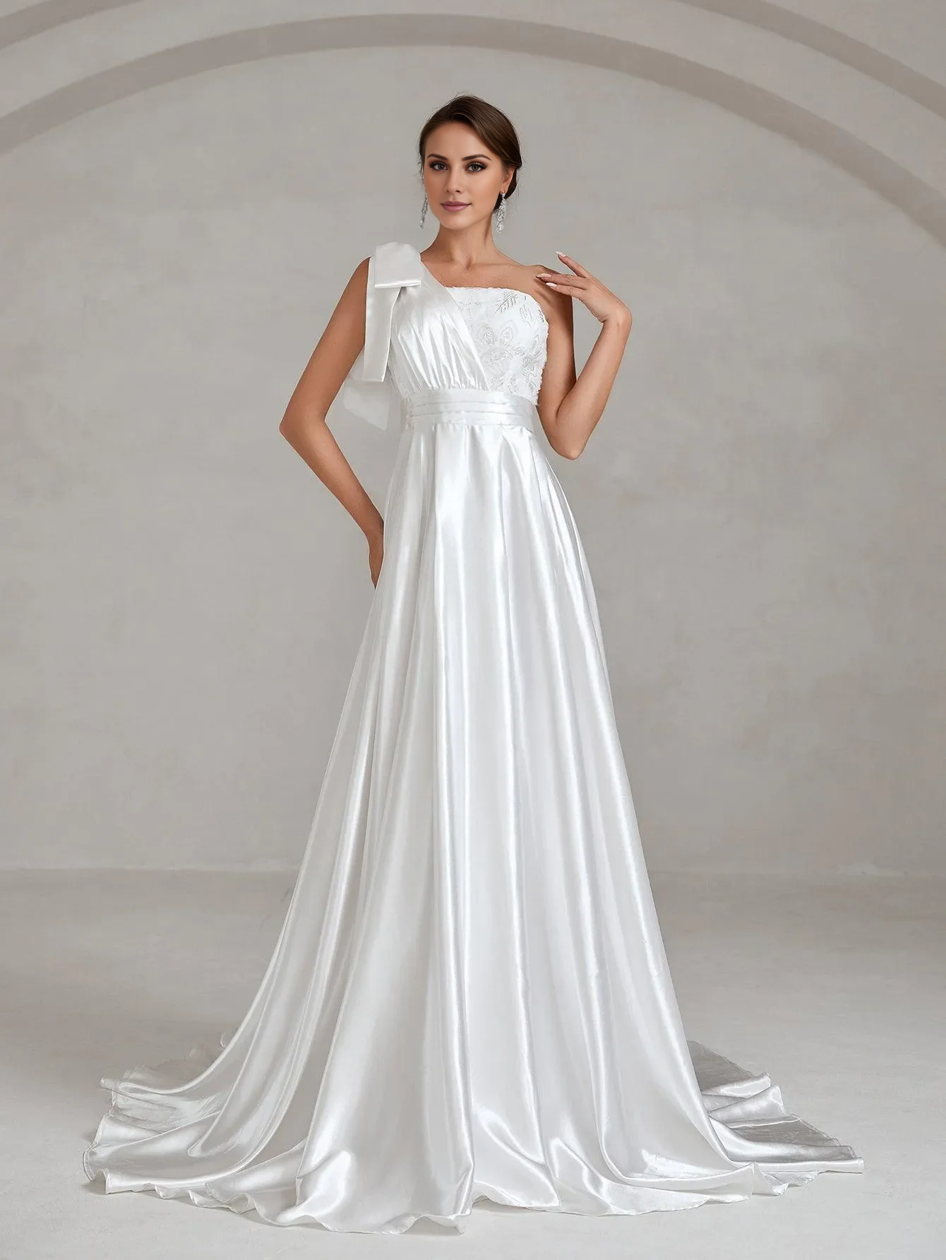One shoulder bow satin and floor length wedding dress