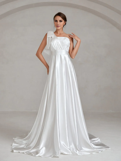 One shoulder bow satin and floor length wedding dress