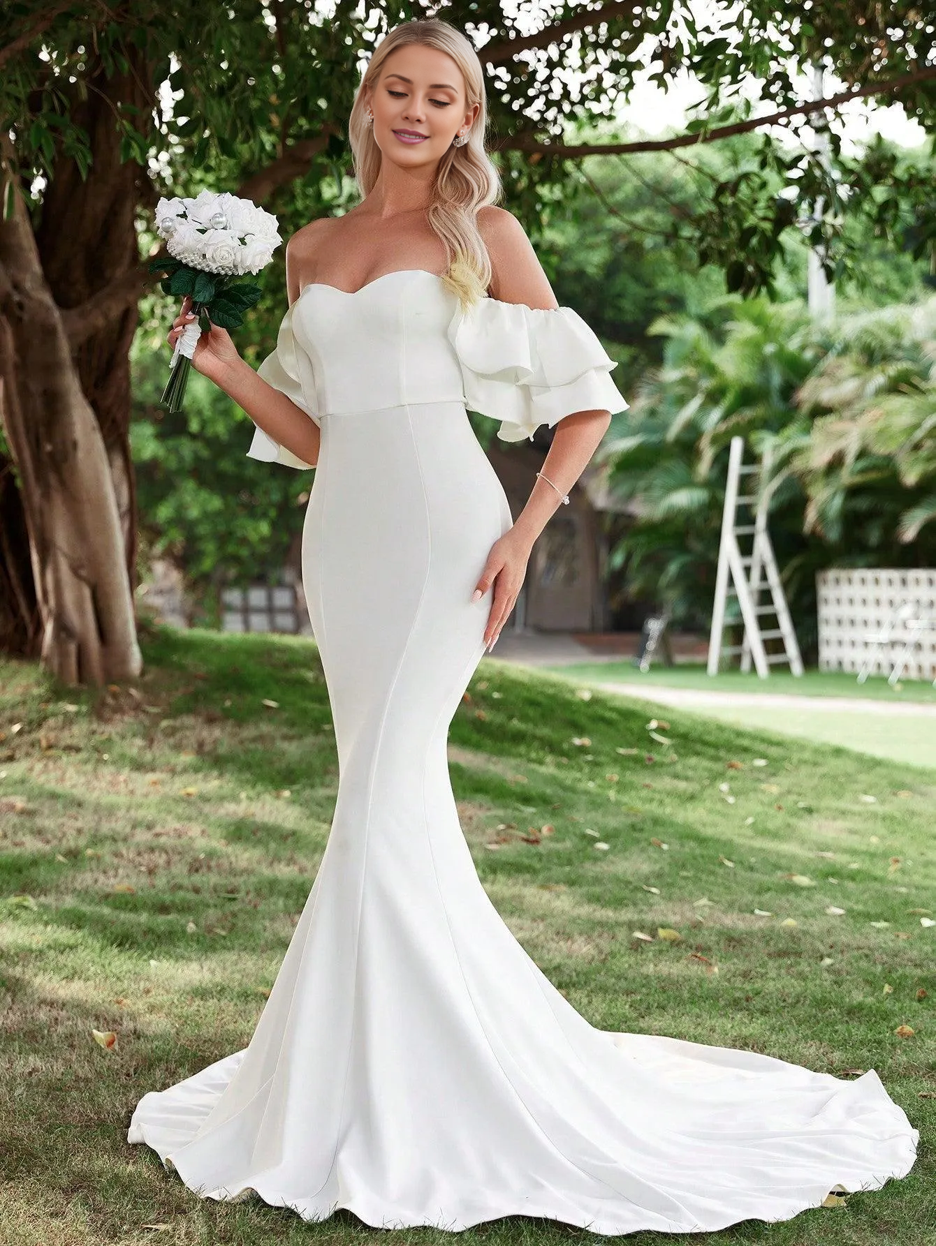 Off shoulder ruffle edge and floor length wedding dress