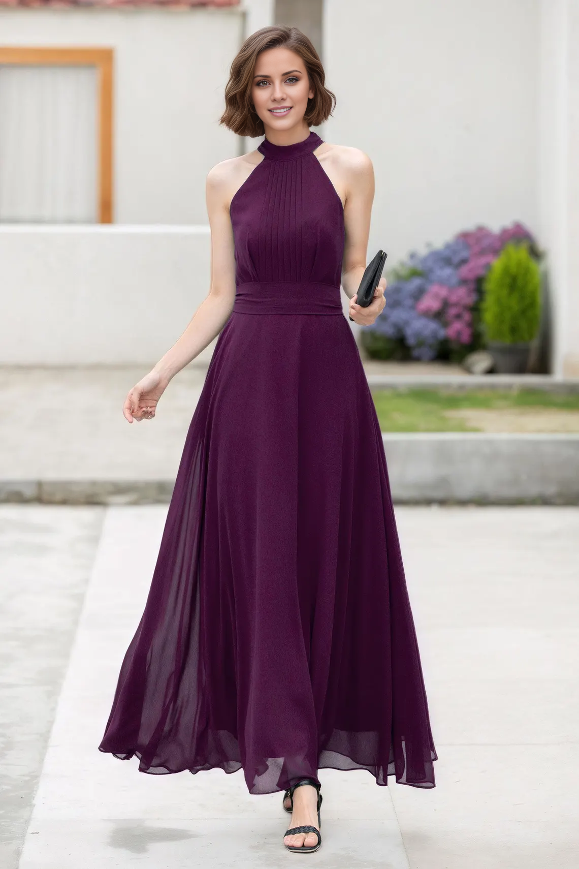 LD hanging neck collar sleeveless off shoulder pleated details backless and floor length Prom dress