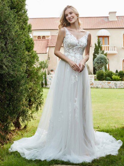 V-neck decal church trailing wedding dress