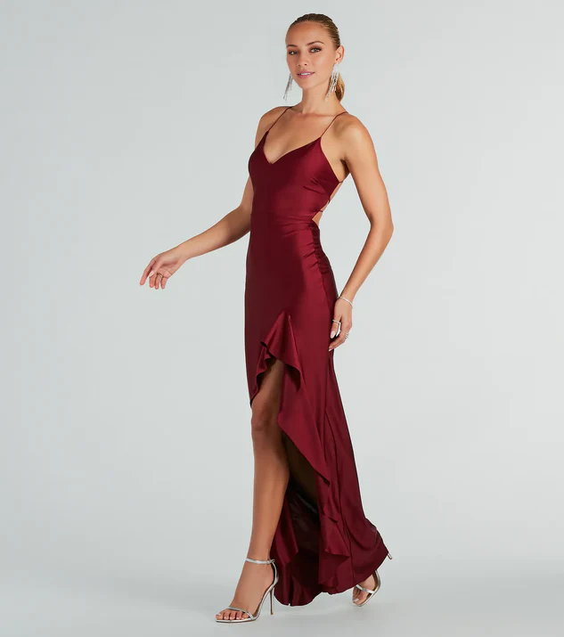 LD V collar off shoulder sleeveless thin shoulder strap open back side slit and floor length evening dress