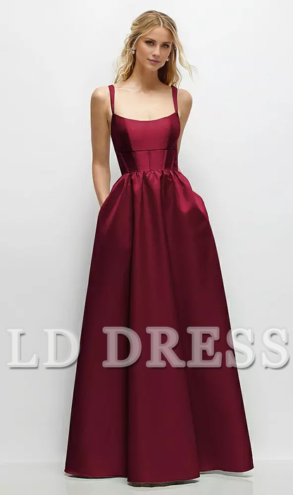 Low round neck studded tight corset satin and floor length bridesmaid dress - LD Dress