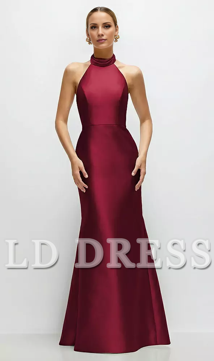 High neck spaghetti strap satin and floor length bridesmaid dress - LD Dress