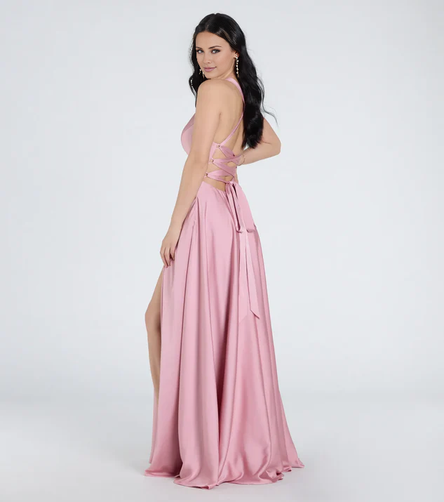 LD A-line V-neck off shoulder sleeveless side slit and floor length Prom dress