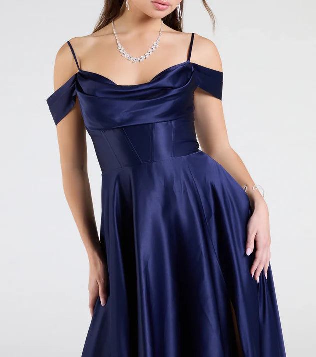 LD off shoulder collar sleeveless thin shoulder strap backless side slit and floor length Prom dress