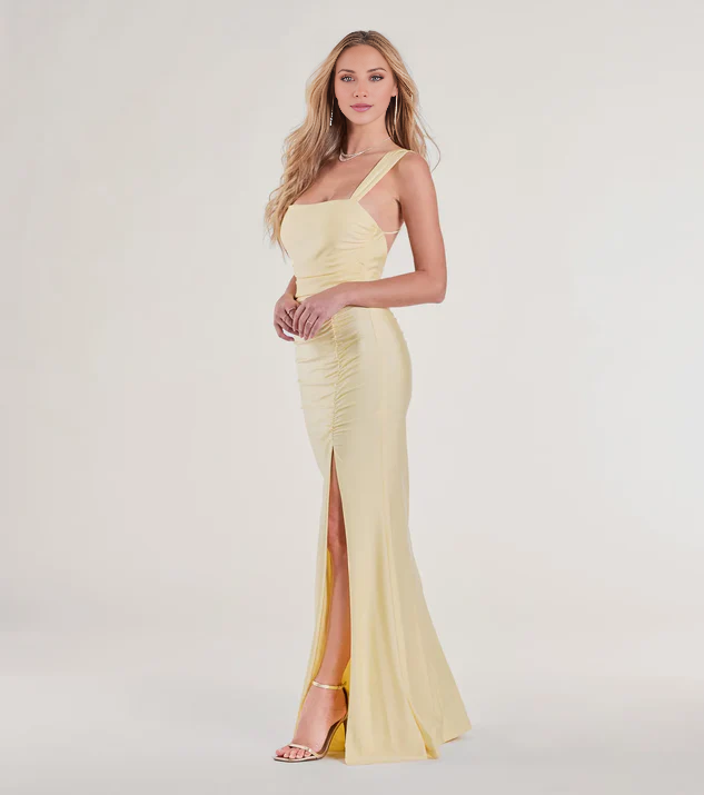 LD square neckline off shoulder sleeveless backless side slit and floor length Prom dress