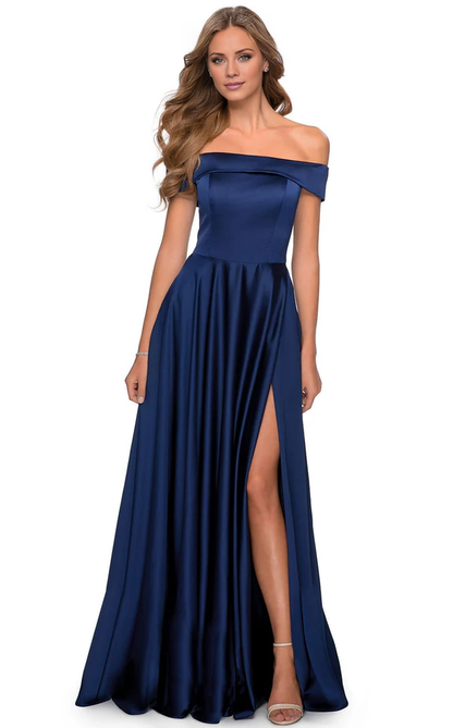 A-line tight corset with off shoulder fit and floor length evening gown