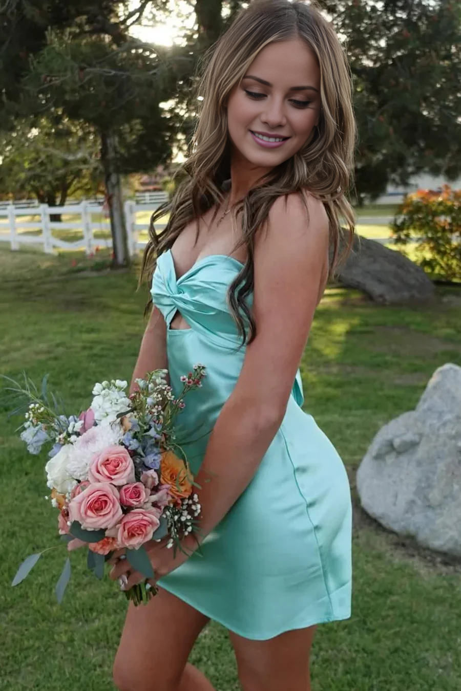 LD Strapless Keyhole Satin Sleeveless Backless Short Homecoming Dress