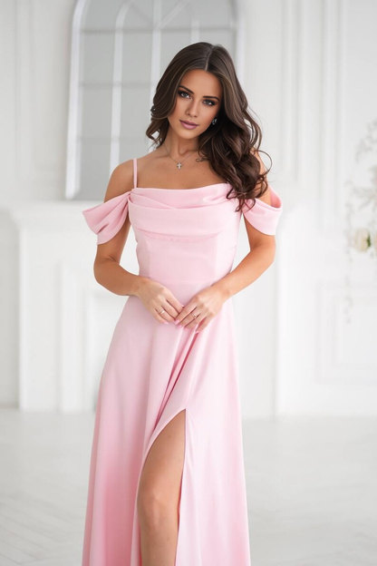 LD off shoulder collar sleeveless thin shoulder strap backless side slit and floor length Prom dress