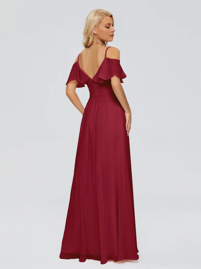 Off shoulder thin shoulder strap ruffled chiffon bridesmaid dress