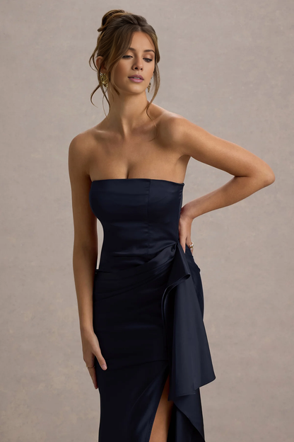 LD - Off Shoulder Collar Satin Pendant Side Split and Floor length Prom Dress