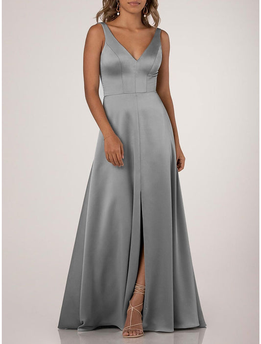 A-Line Bridesmaid Dress V Neck Sleeveless Elegant Floor Length Nylon / Jersey with Draping / Solid Color