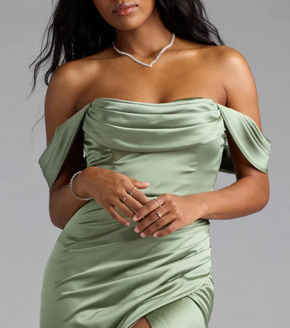 LD off shoulder collar sleeveless backless side slit and floor length evening dress