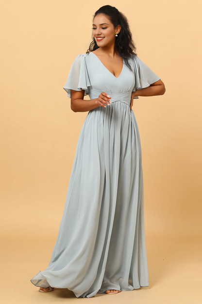 Grey blue A-line V-neck short sleeved chiffon bridesmaid dress