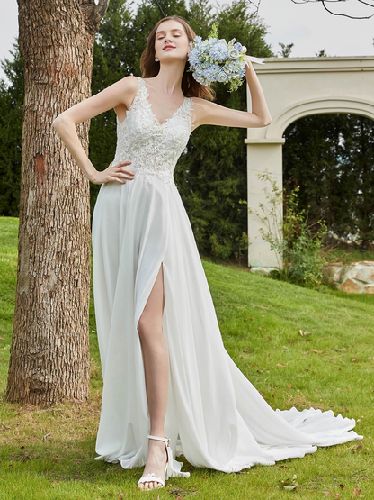 Lace V-neck slit chiffon wedding dress