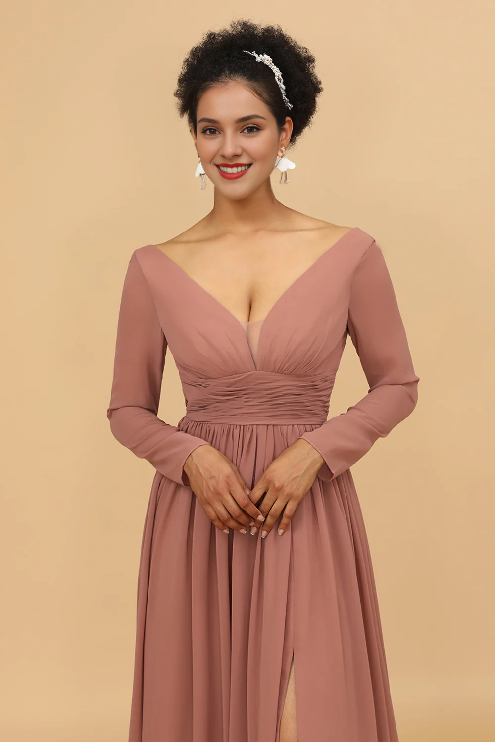 Pink V-neck long sleeved slit chiffon bridesmaid dress