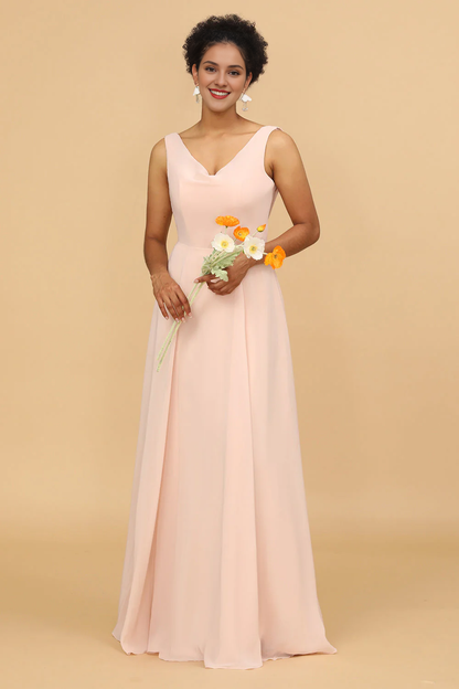 Pink A-line V-neck chiffon long bridesmaid dress
