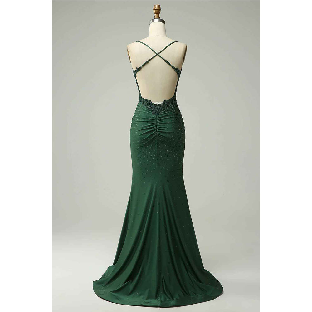 Sticker Beaded Mermaid Hanging Neck Deep Green Long Prom Dress