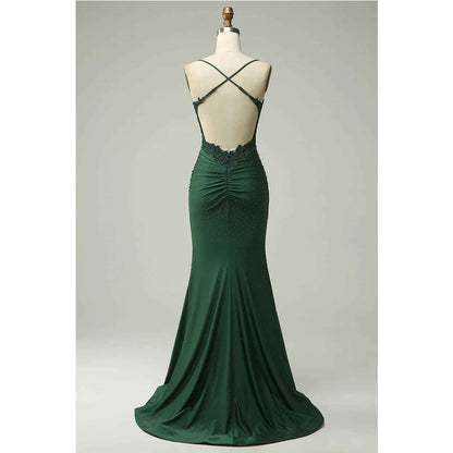 Sticker Beaded Mermaid Hanging Neck Deep Green Long Prom Dress