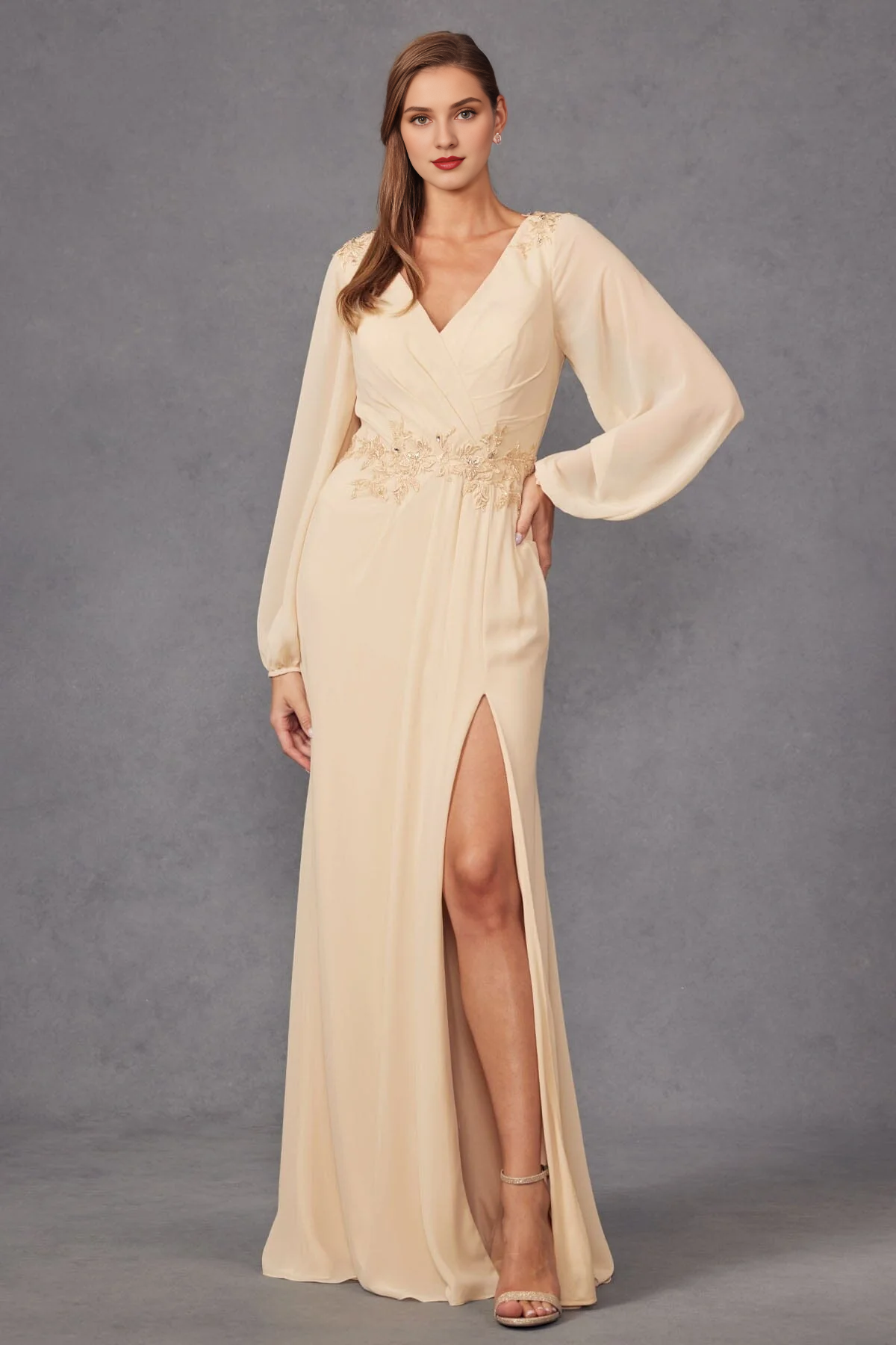 A-line slit skirt embroidered long sleeved mother of the bride dress